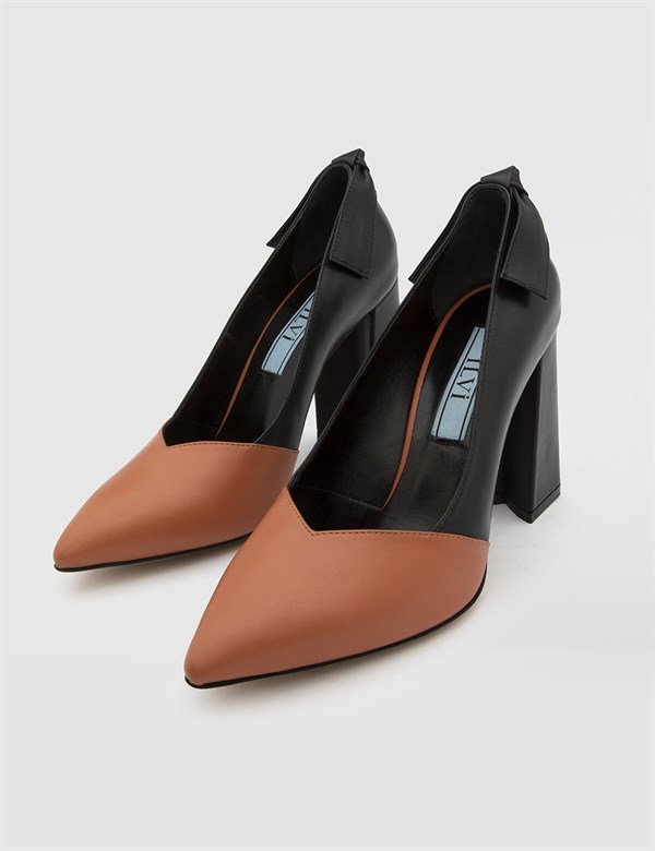 Daphne Hakiki Deri Kadın Kiremit Siyah Topuklu Ayakkabı