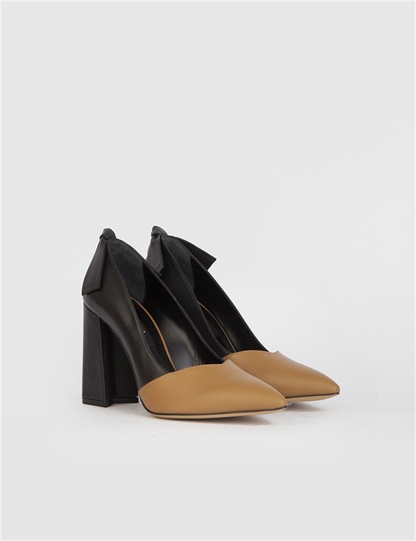 Daphne Hakiki Deri Kadın Taba Siyah Topuklu Ayakkabı