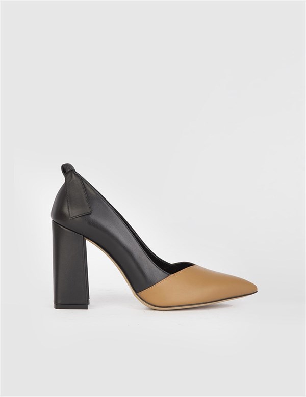 Daphne Hakiki Deri Kadın Taba Siyah Topuklu Ayakkabı