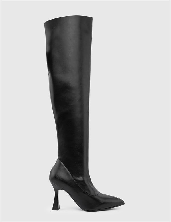 Dart Black Leather Women's Stretch Heeled High Boot