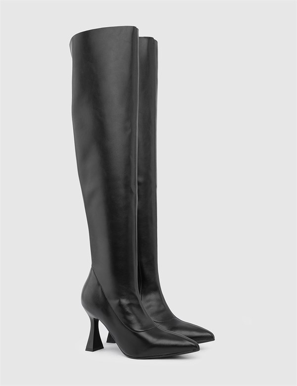 Dart Black Leather Women's Stretch Heeled High Boot