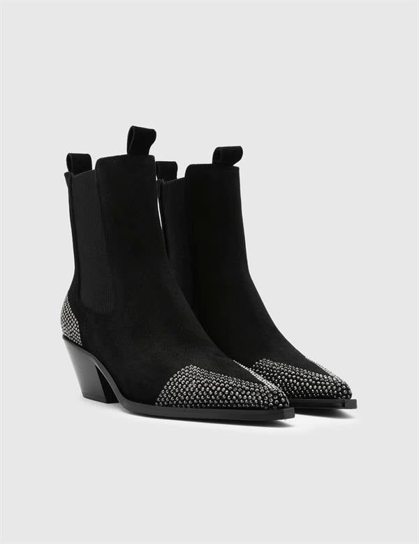 Dixie Black Suede Leather Women's Heeled Boot with Stones