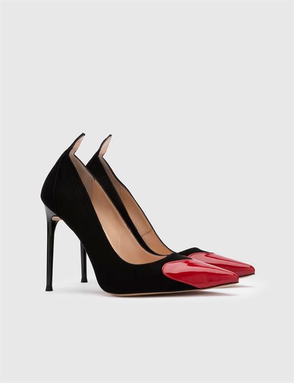 Effe Hakiki Süet Rugan Deri Kadın Siyah Kırmızı Stiletto