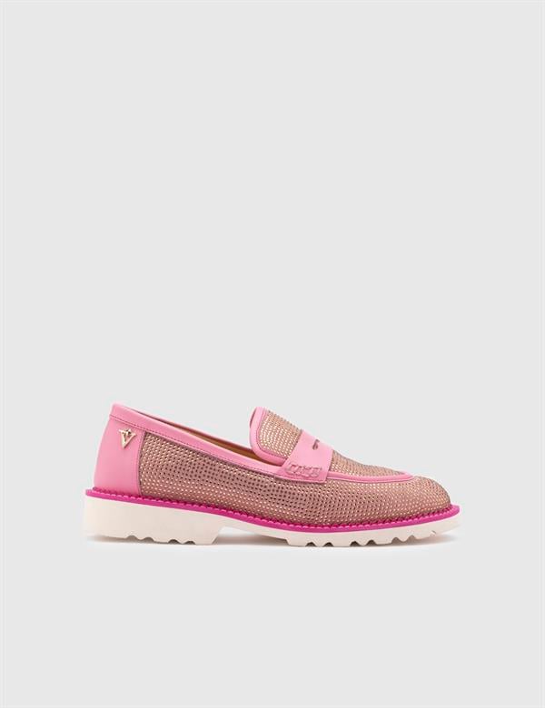 Ekala Pink Suede Leather Women's Loafer with Stones