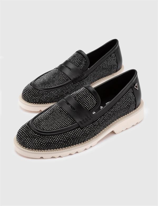 Ekala Hakiki Süet Deri Taşlı Kadın Siyah Loafer Ayakkabı