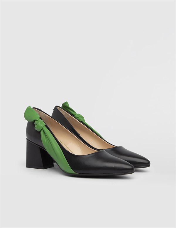 Filip Hakiki Deri Kadın Siyah Yeşil Topuklu Ayakkabı