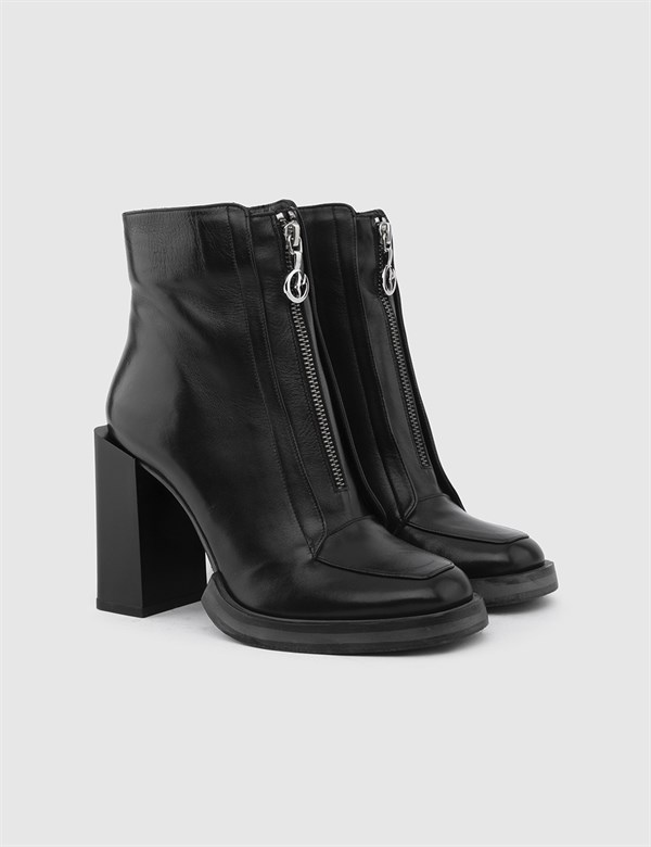 Flam Black Leather Women's Heeled Boot