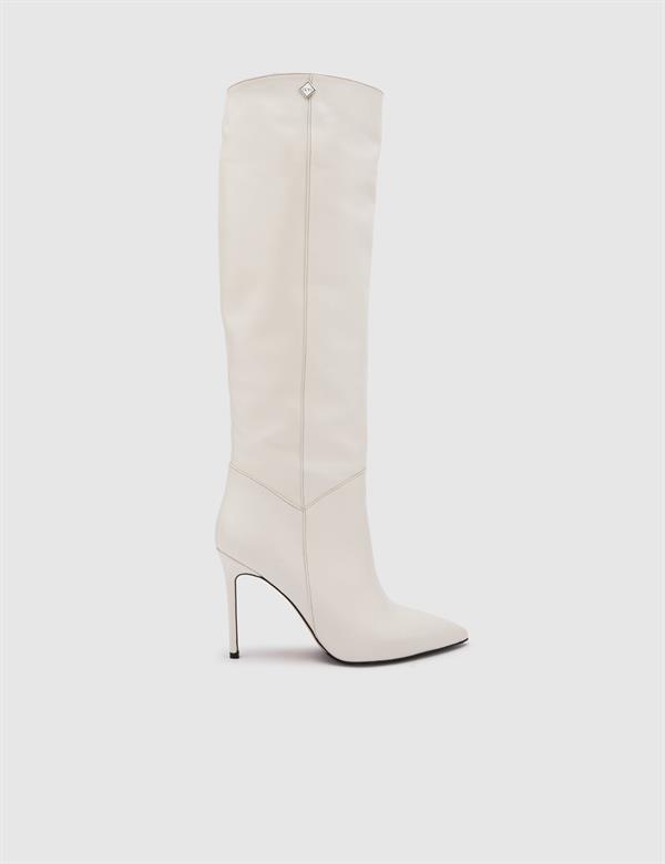 Flin Beige Leather Women's Heeled High Boot