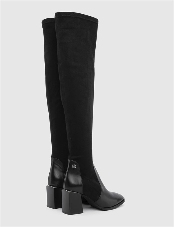 Gasen Black Suede Leather Women's Stretch Heeled High Boot
