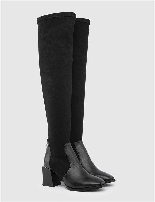 Gasen Black Suede Leather Women's Stretch Heeled High Boot