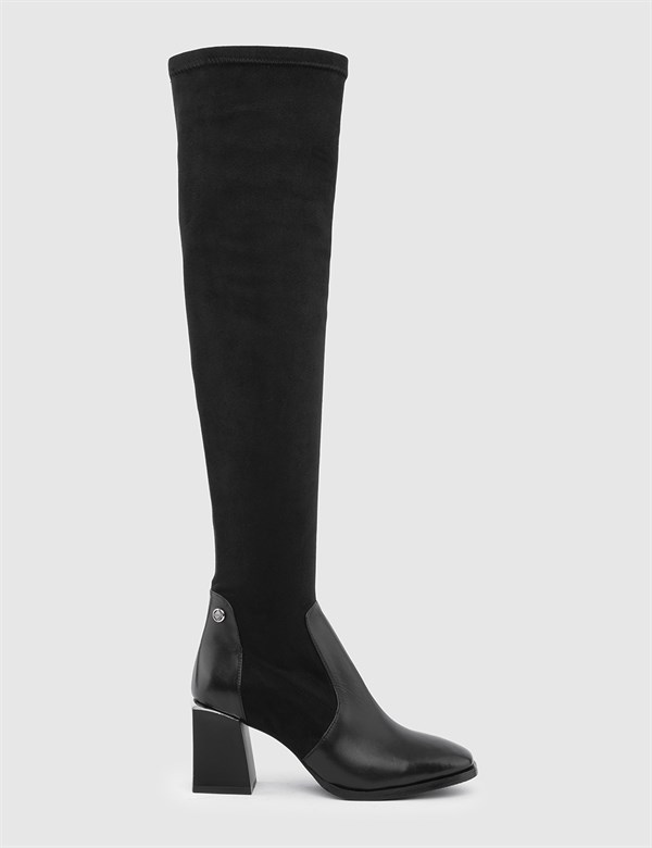 Gasen Black Suede Leather Women's Stretch Heeled High Boot