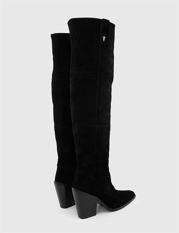 Hidalgo Black Suede Leather Women's Heeled High Boot