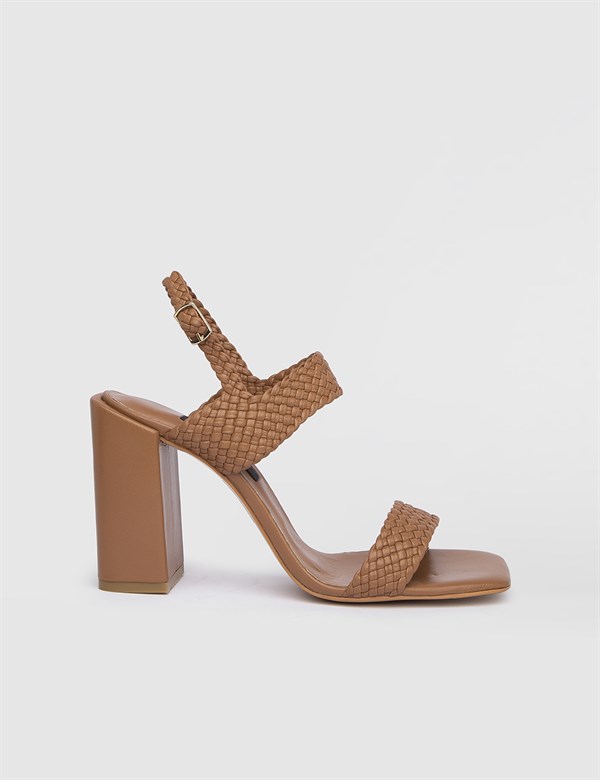Holy Saddle Brown Woven Leather Women's Heeled Sandal