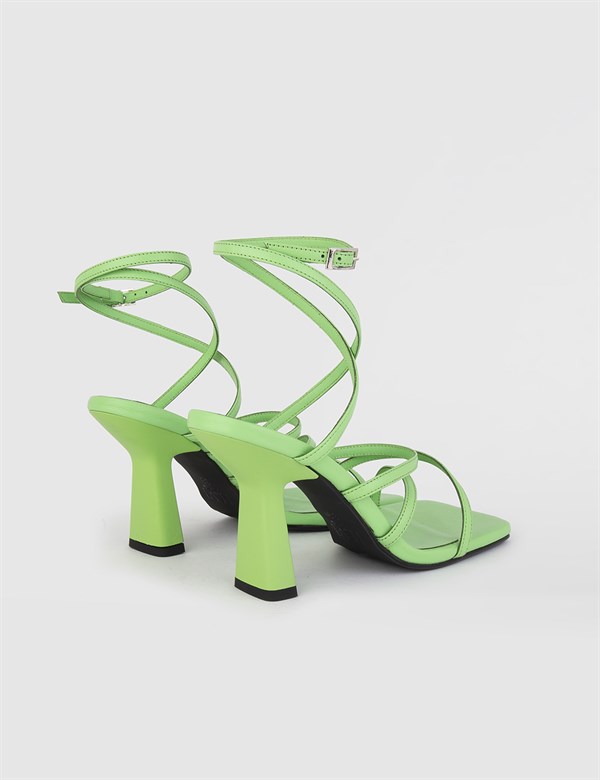 Janika Hakiki Deri Kadın Yeşil Topuklu Sandalet