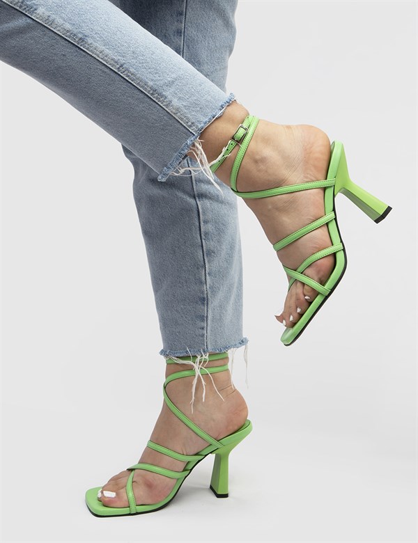 Janika Hakiki Deri Kadın Yeşil Topuklu Sandalet
