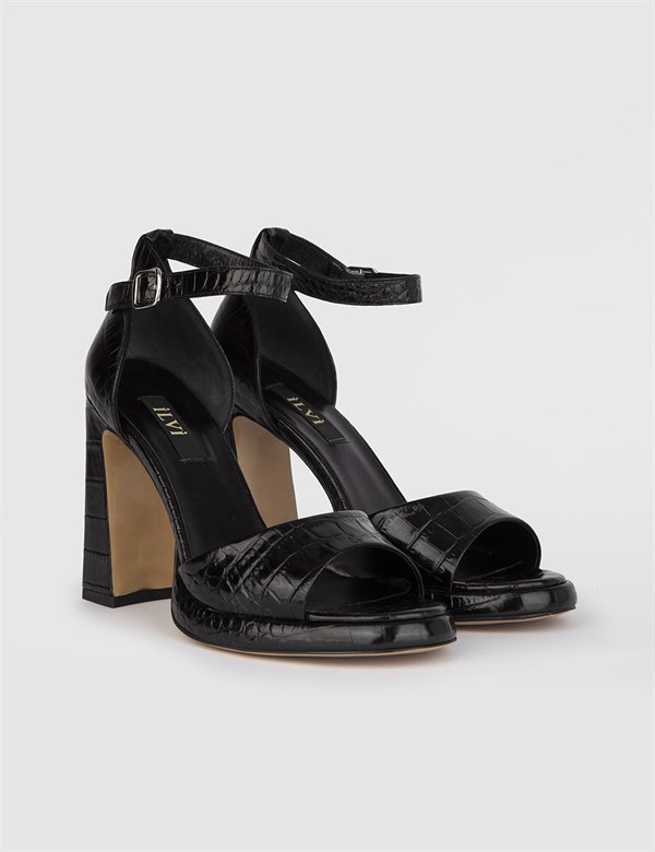 Janita Black Leather Crododile Women's Heeled Sandal