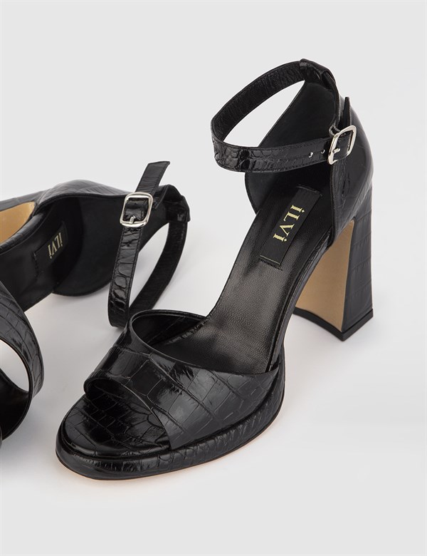 Janita Black Leather Crododile Women's Heeled Sandal
