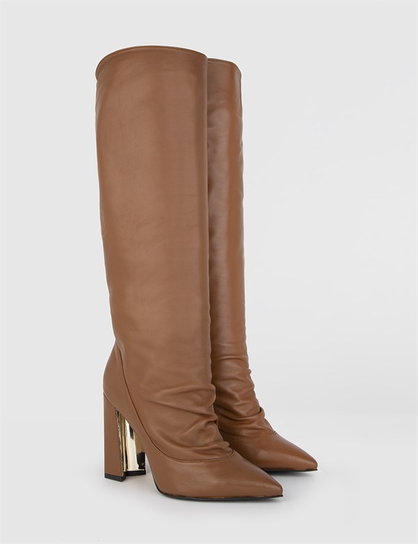 Jeremy Saddle Brown Leather Women's Heeled High Boot