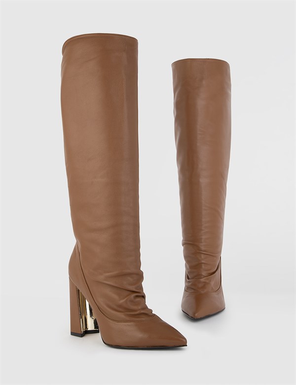 Jeremy Saddle Brown Leather Women's Heeled High Boot