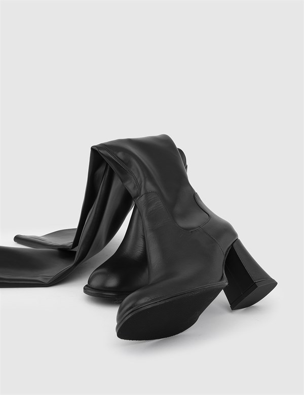 Kapola Black Leather Women's Stretch Heeled High Boot
