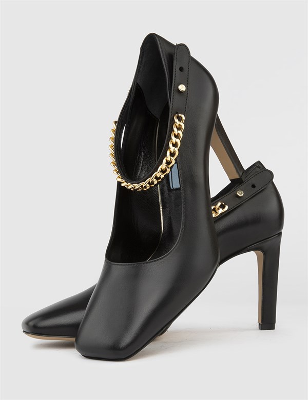 Karen Hakiki Deri Kadın Siyah Topuklu Ayakkabı