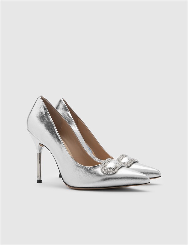 Keasha Hakiki Deri Kadın Gümüş Stiletto