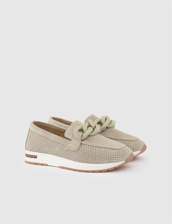 Kepong Beige Suede Leather Women's Loafer