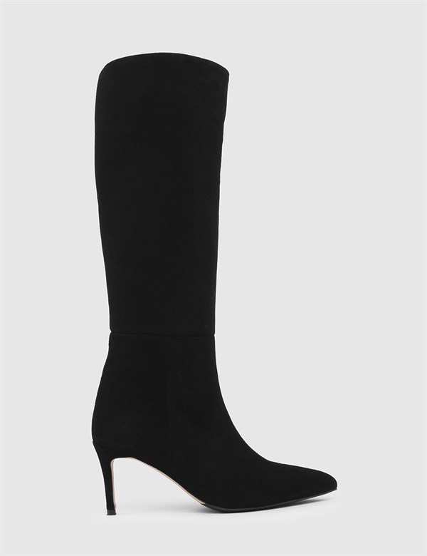 Konsta Black Suede Leather Women's Heeled High Boot