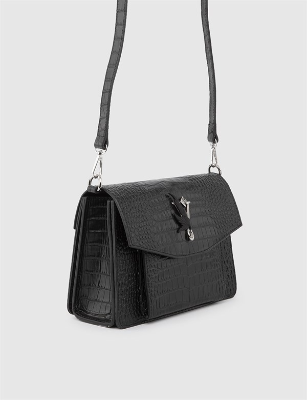 Matsue Black Leather Crocodile Women's Shoulder Bag