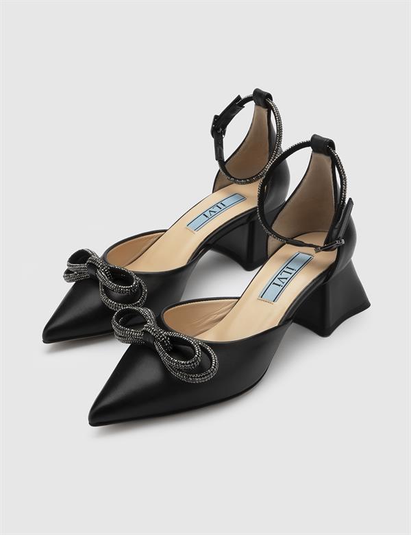 Meda Black Leather Women's Heeled Sandal