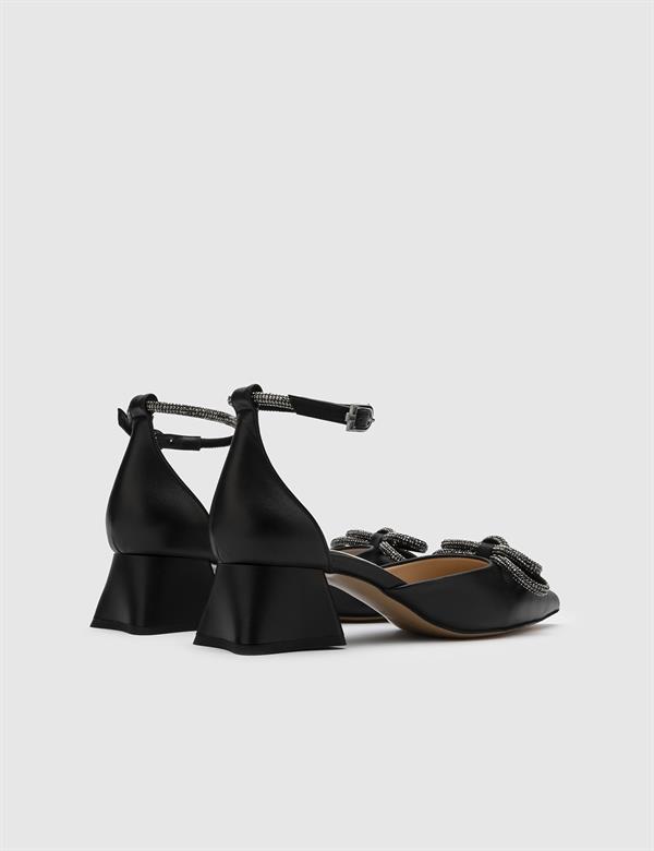 Meda Black Leather Women's Heeled Sandal