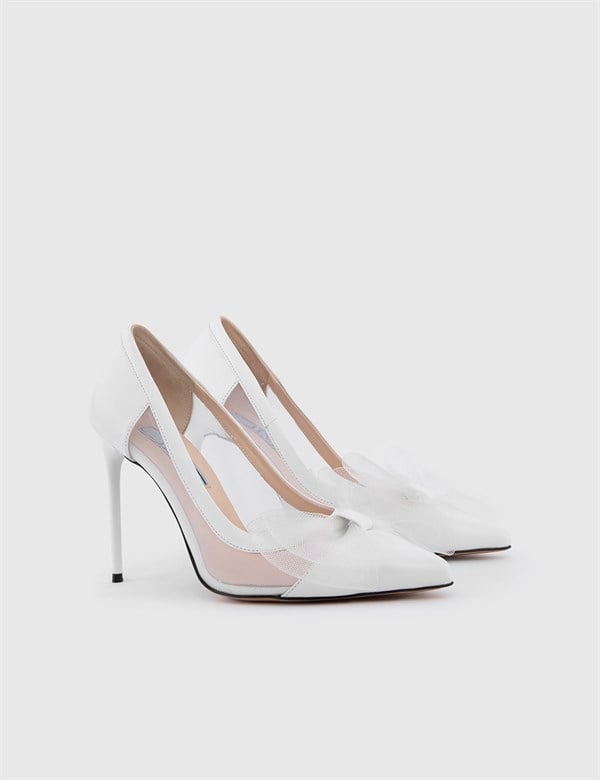 Merchan Hakiki Deri File Kadın Beyaz Topuklu Ayakkabı