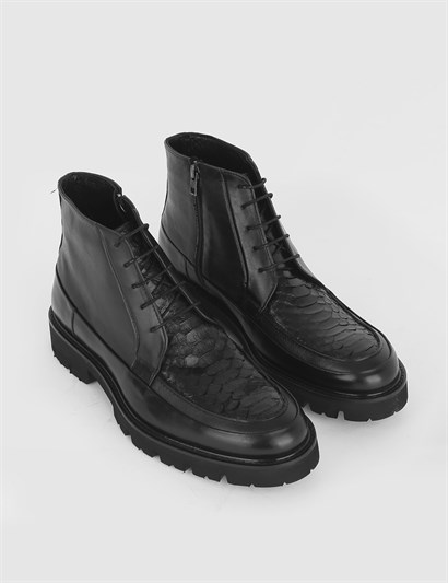 Mirror Black Leather - Snake Leather Men's Boot