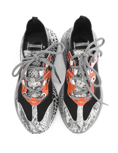 Neyra Women's Sneaker Beige Snake-Black Mesh-Orange Patent Leather