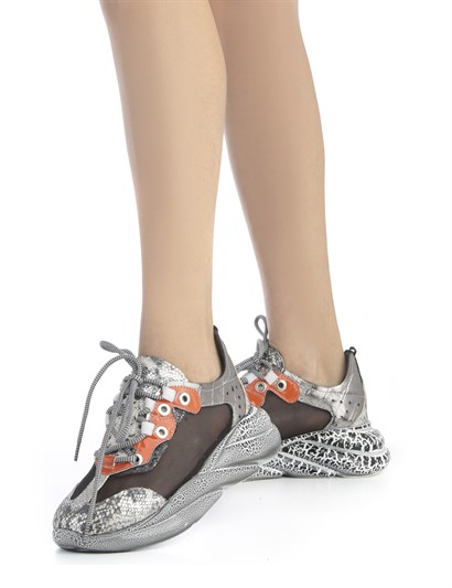 Neyra Women's Sneaker Beige Snake-Black Mesh-Orange Patent Leather