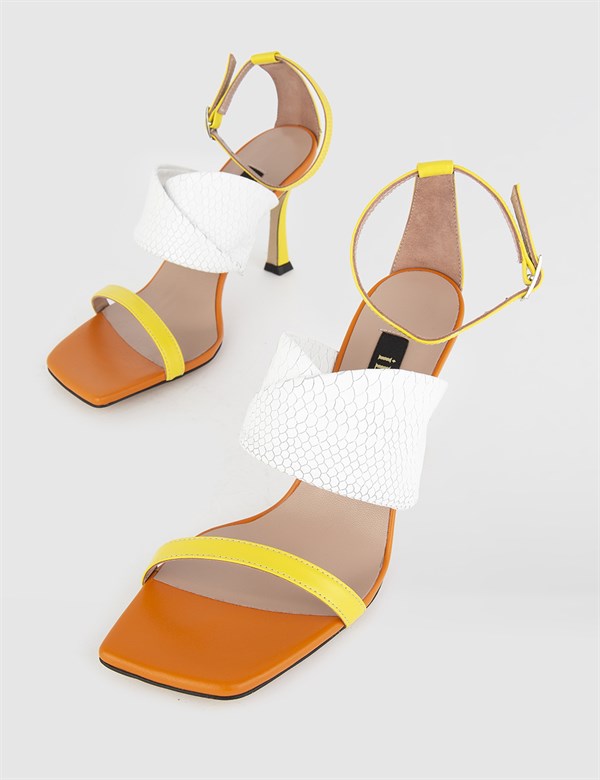 Nolae Hakiki Deri Kadın Sarı Beyaz Topuklu Sandalet