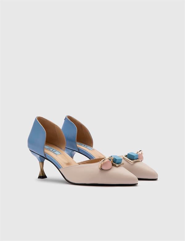 Nurdey Beige-Blue Leather Women's Heeled Sandal