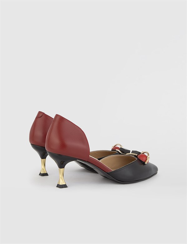Nurdey Hakiki Deri Kadın Siyah Kırmızı Topuklu Sandalet