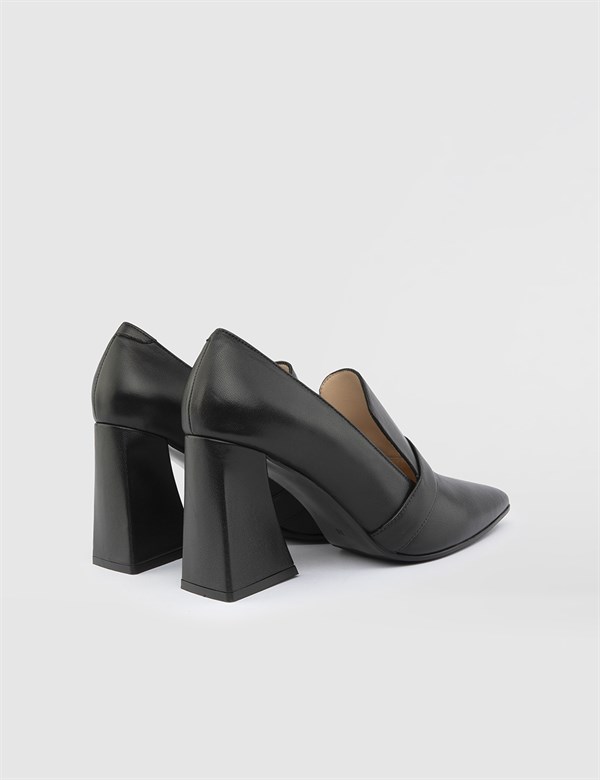 Palmier Hakiki Deri Kadın Siyah Topuklu Ayakkabı