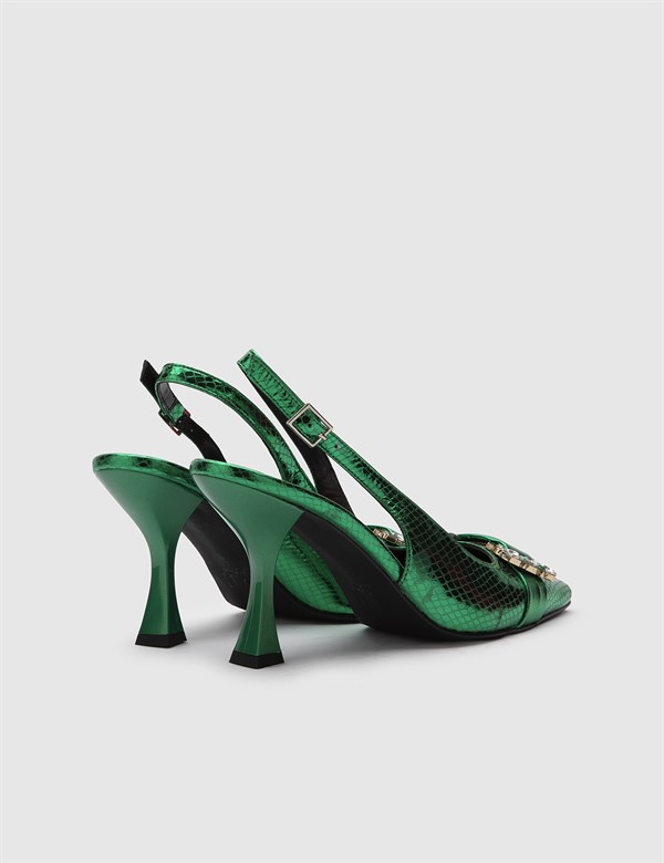 Patricia Hakiki Baskılı Deri Kadın Yeşil Topuklu Sandalet