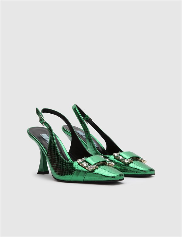 Patricia Hakiki Baskılı Deri Kadın Yeşil Topuklu Sandalet