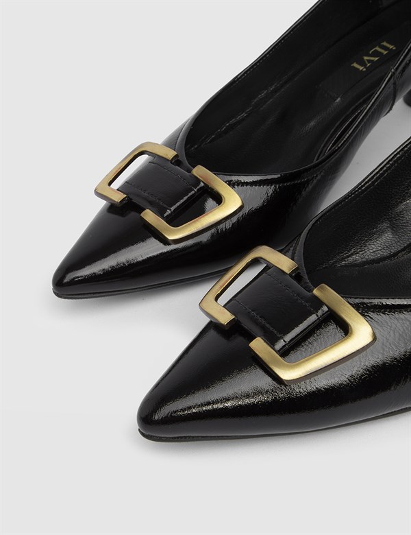 Porter Hakiki Kırışık Rugan Deri Kadın Siyah Topuklu Ayakkabı