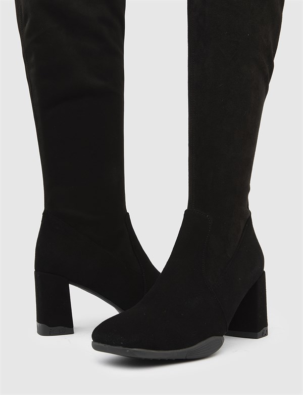 Renta Black Suede Leather Women's Stretch Heeled High Boot