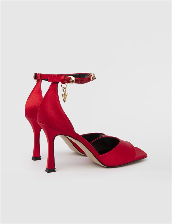 Rian Saten Hakiki Deri Kadın Kırmızı Topuklu Sandalet