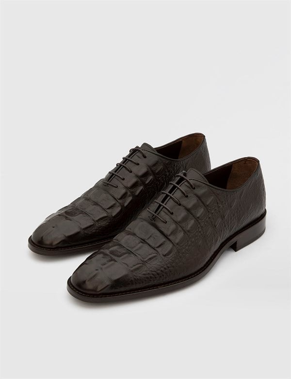 Rubus Antique Brown Leather Men's Classic Shoe with Crocodile Print