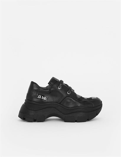 Seyo Black Leather-Black Suede-Black Stretch Women's Sneaker