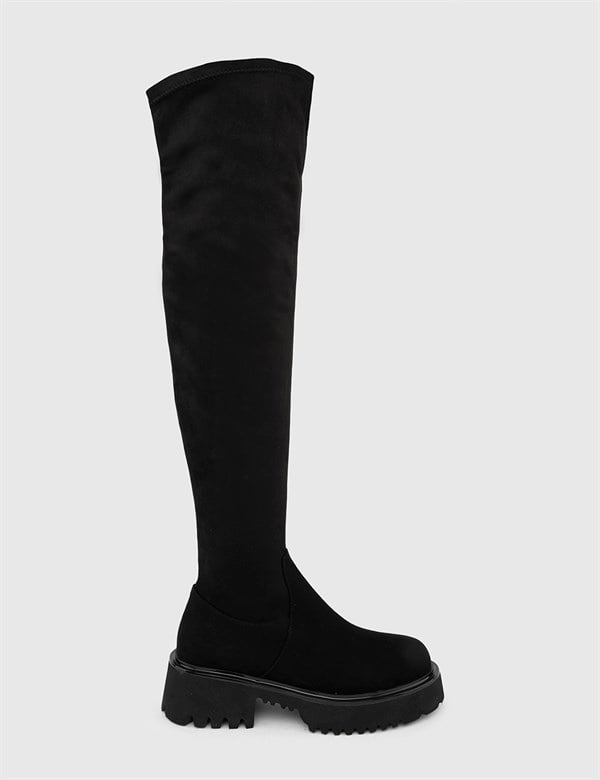 Singo Black Suede Leather Women's Stretch High Boot