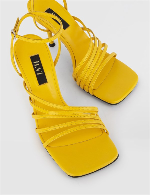 Sonja Hakiki Deri Kadın Sarı Topuklu Sandalet