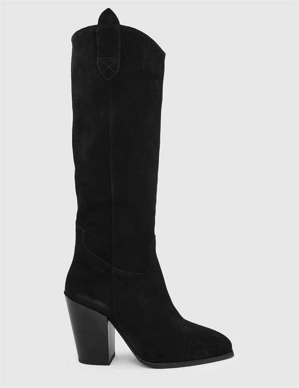 Soto Black Split Suede Leather Women's Heeled High Boot