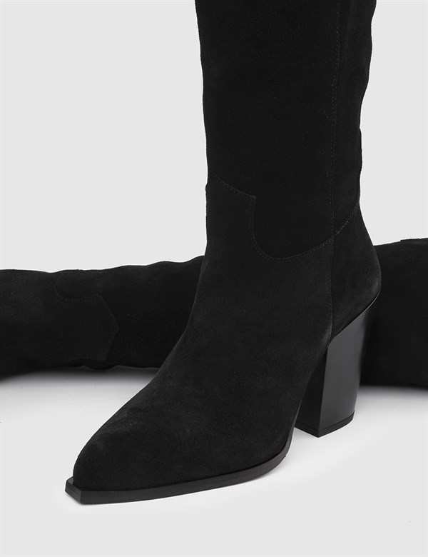 Soto Black Split Suede Leather Women's Heeled High Boot